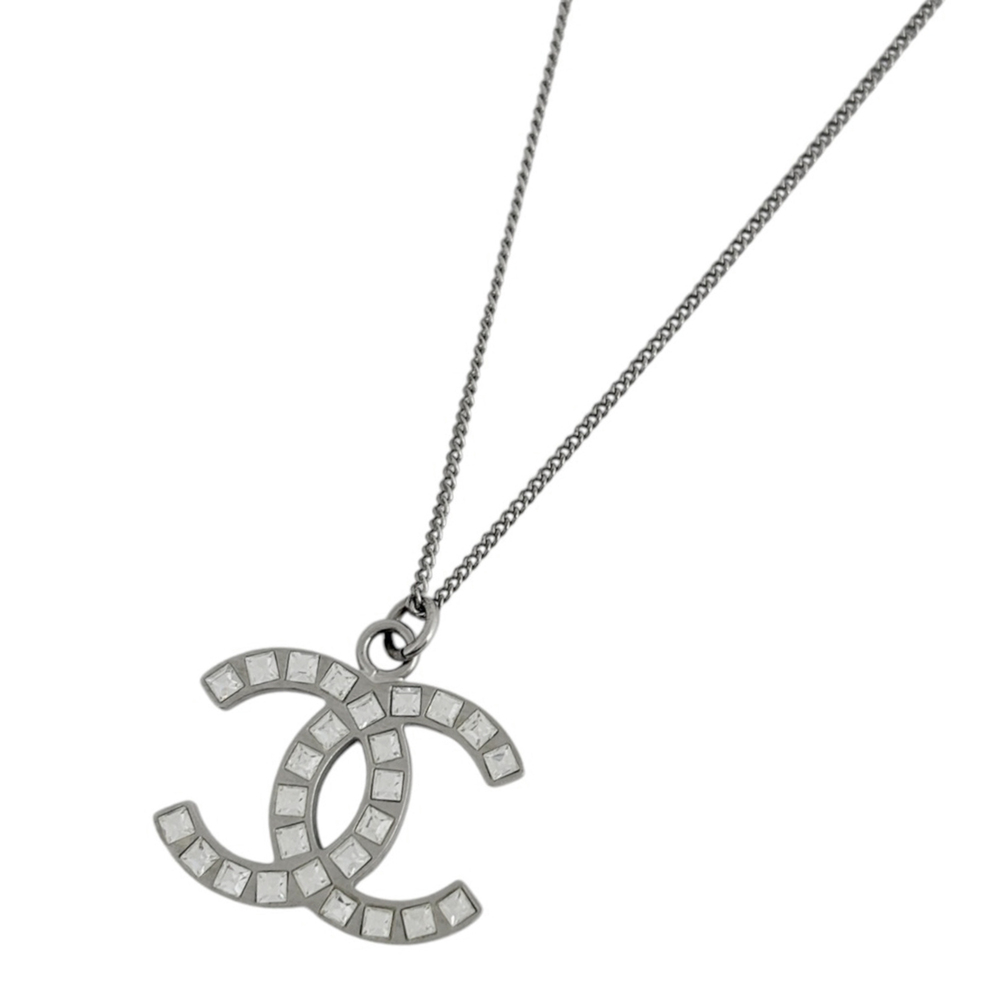 Chanel necklace, Coco Mark, metal, rhinestone, silver, for women.